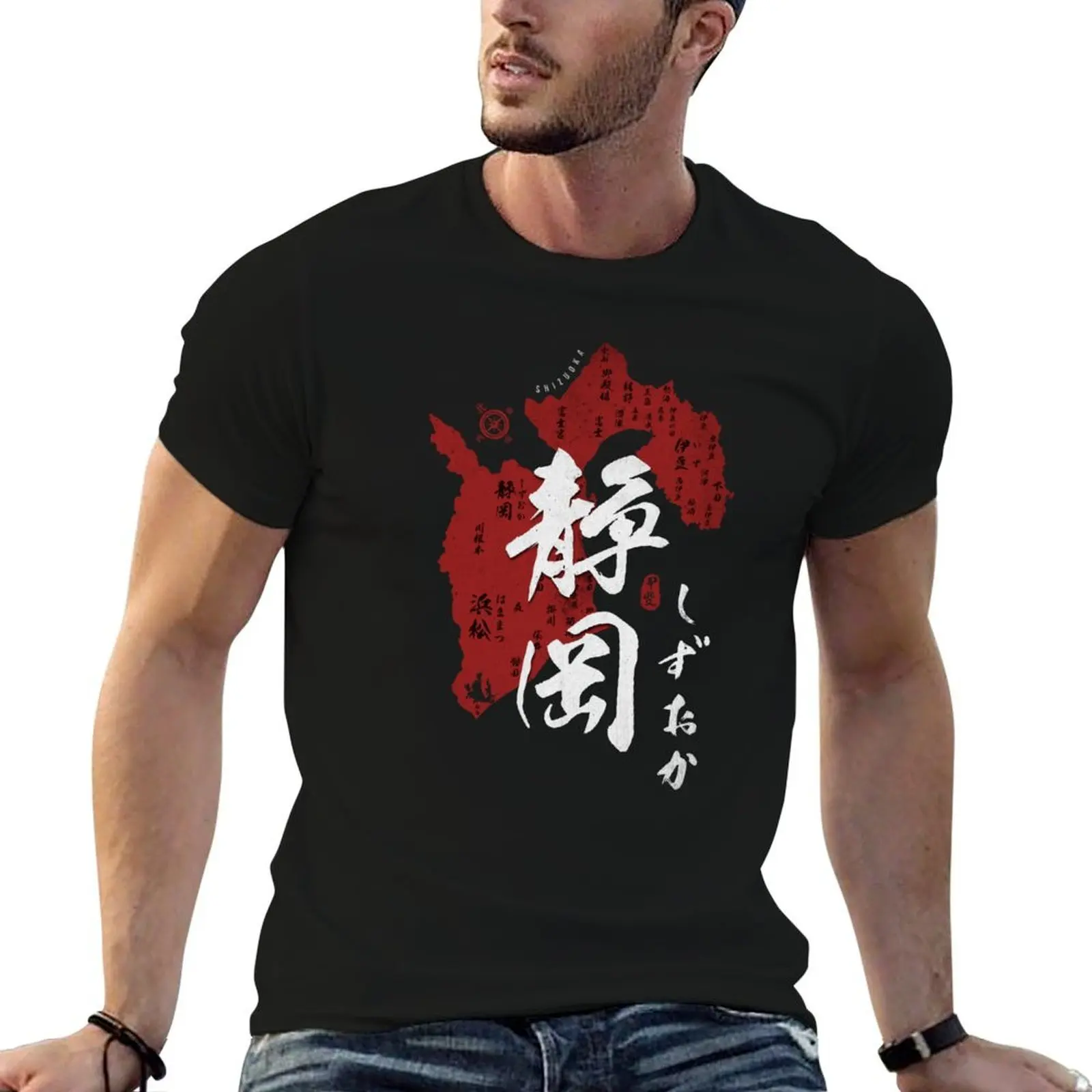 خريطة Shizuoka اليابان مع الخط كانجي تي شيرت تي شيرت للرجل حزمة القطن الجرافيك تي شيرت للرجل تي شيرت