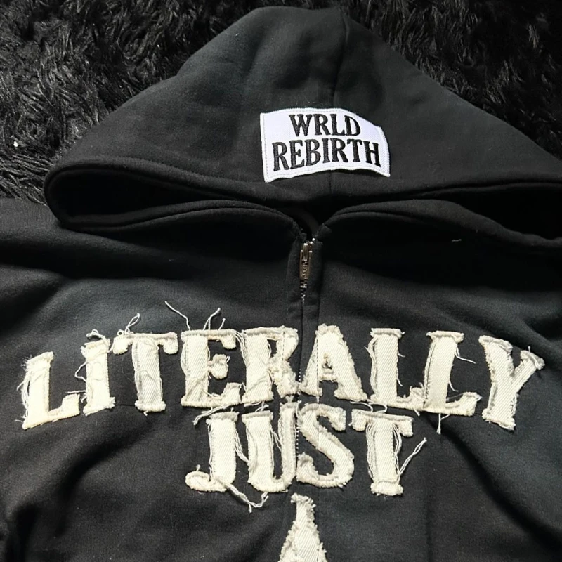 

American Y2K letter sticker embroidery daily street loose zipper hooded sweatshirt men's style 2025