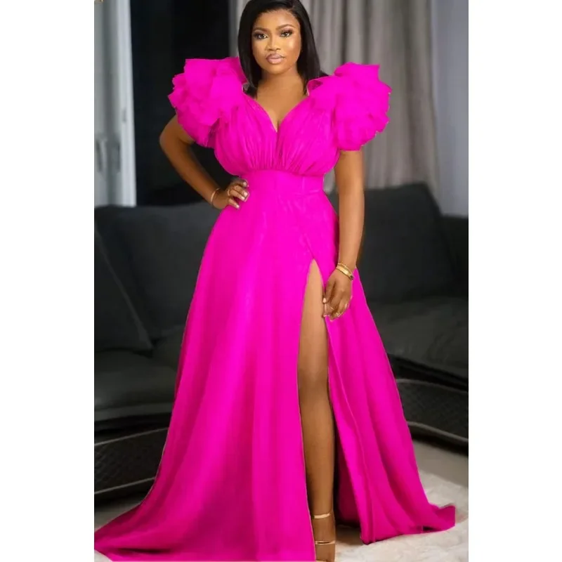 America And Africa Women Plus Size Evening Dress Sexy Big Ruffle Short Sleeves Prom Dress Fashion Bridesmaid Wedding Dresses