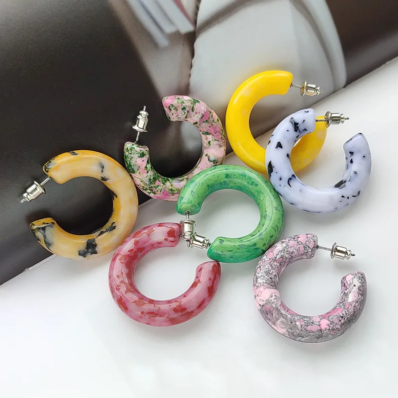 

New Trendy Synthetic Stone Color Stone Resin Hoops Multi-color Granite Marble Color Ring Imitation Nature Stone Circle Earrings
