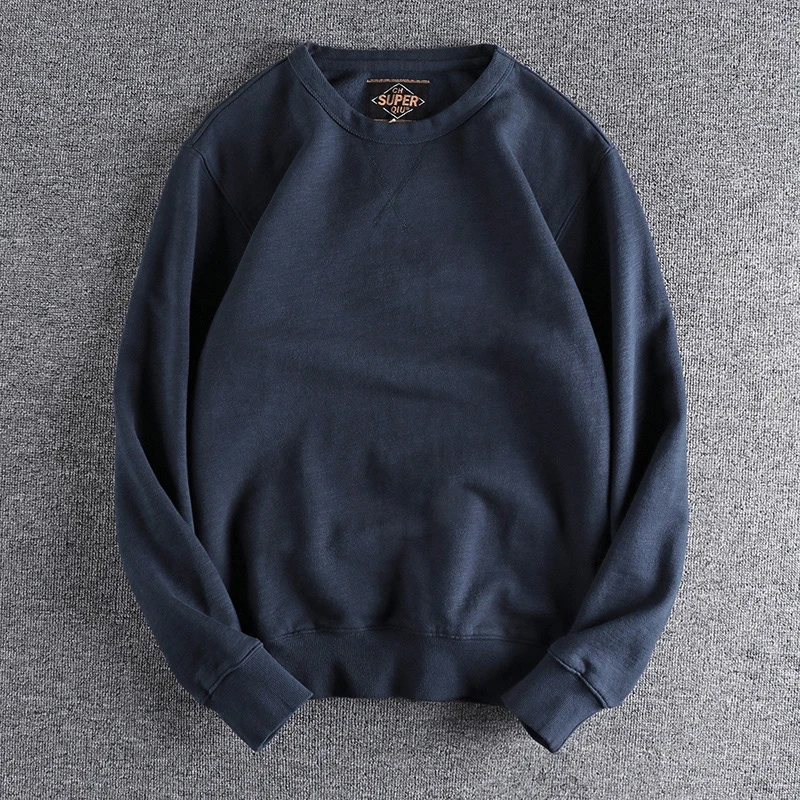 

Winter Men's Color Hoodie Washed Bamboo Cotton Fleece Thick British Retro round Neck Overhead Jacket Trendy Outerwear