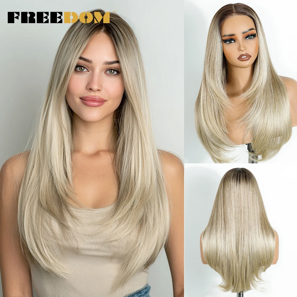 

FREEDOM Straight Synthetic Lace Front Wigs For Women 24" Layered Lace Wig Ombre Brown 6x4 Pre Plucked Wear and Go Glueless Wig