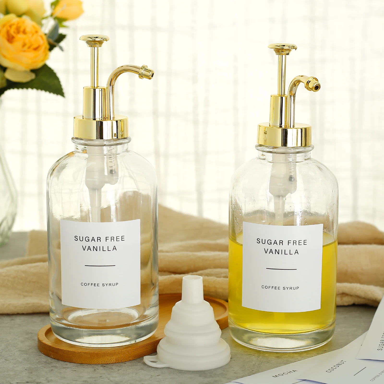 2pcs Dispensing Bottles Coffee Syrup Bottle Glass Container for Kitchen Honey Vinegar Travel Shower Gel Cleanser Pump Dispenser