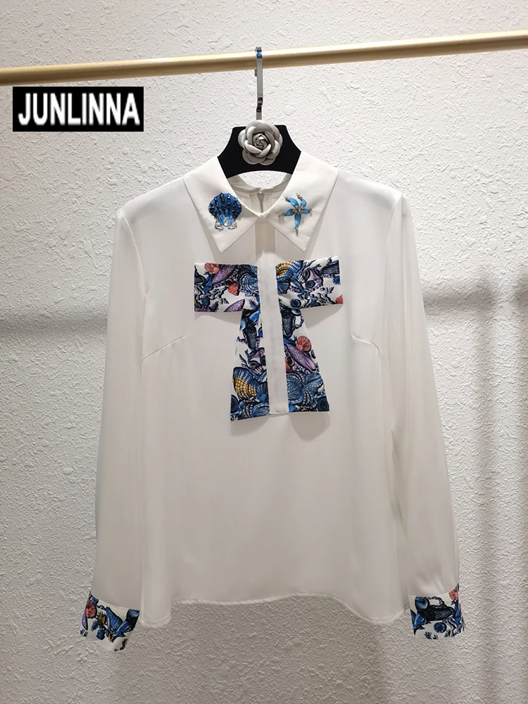 

JUNLINNA Vintage Shirt Spring Autumn Women Turn-down Collar Long Sleeve Beading Printing Blouses Sweets Laptops