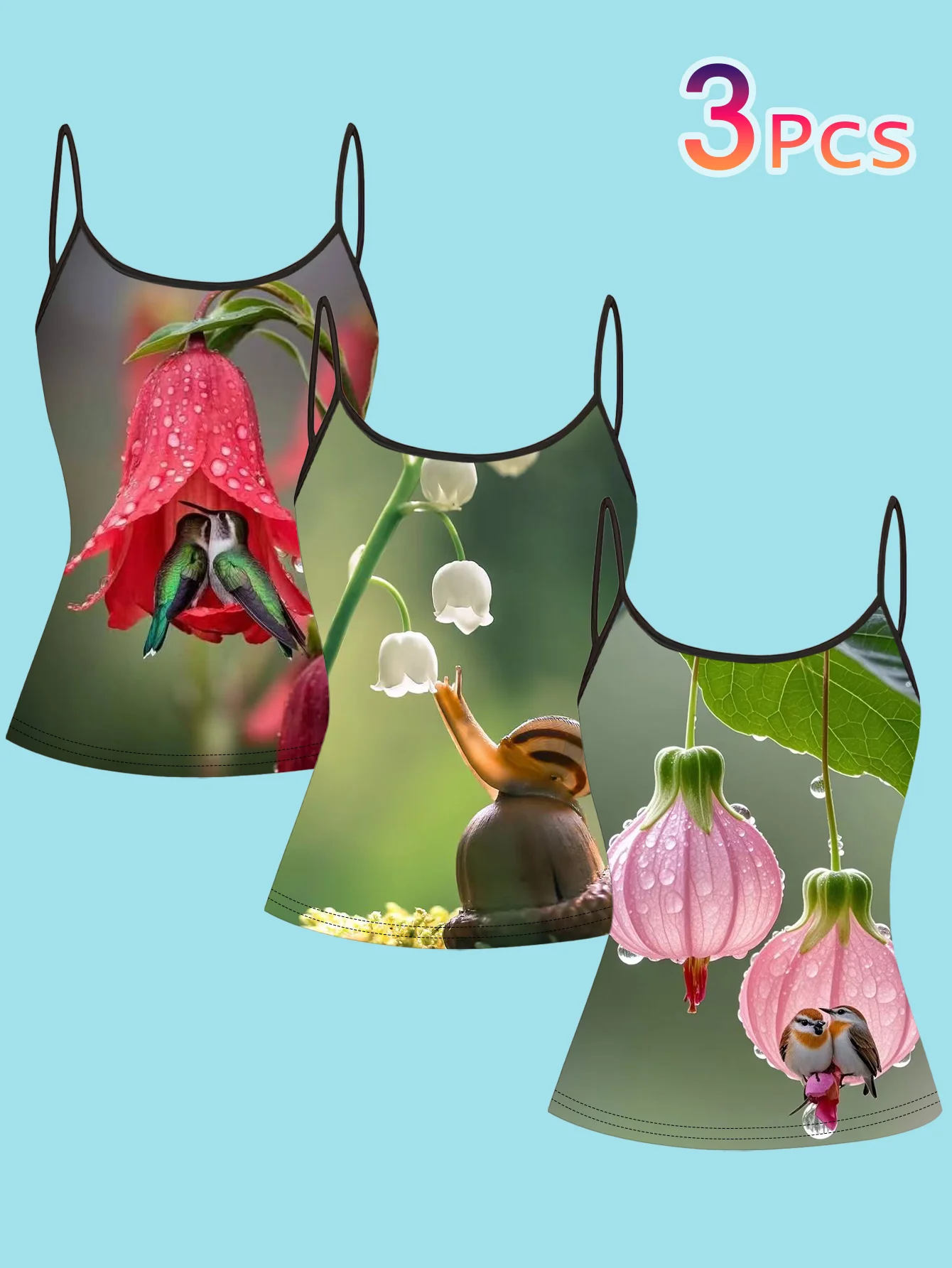 3-Piece Set of Fresh and Natural Style Bird and Flower Print Camisole for Women, Summer Slim-Fit Spaghetti Strap Cute Inner Wear