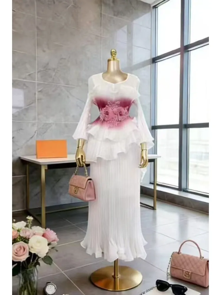 

Miyake High-end Banquet Pleated Dress Women Clothing Fungus Edge Three-dimensional Flower Decorative Printing Light Luxury Dress