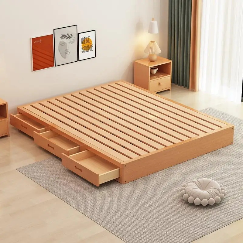Beech tatami bed frame Solid wood row skeleton No bedside double bed Japanese floor floor low bed Hard board