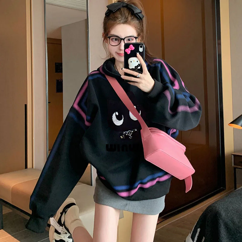 Girl's Loose Hoodie Korean Style Thin Cat Print Color Graffiti Sweater Long Sleeve Cute Mid-length Top Cartoon Pattern Digital
