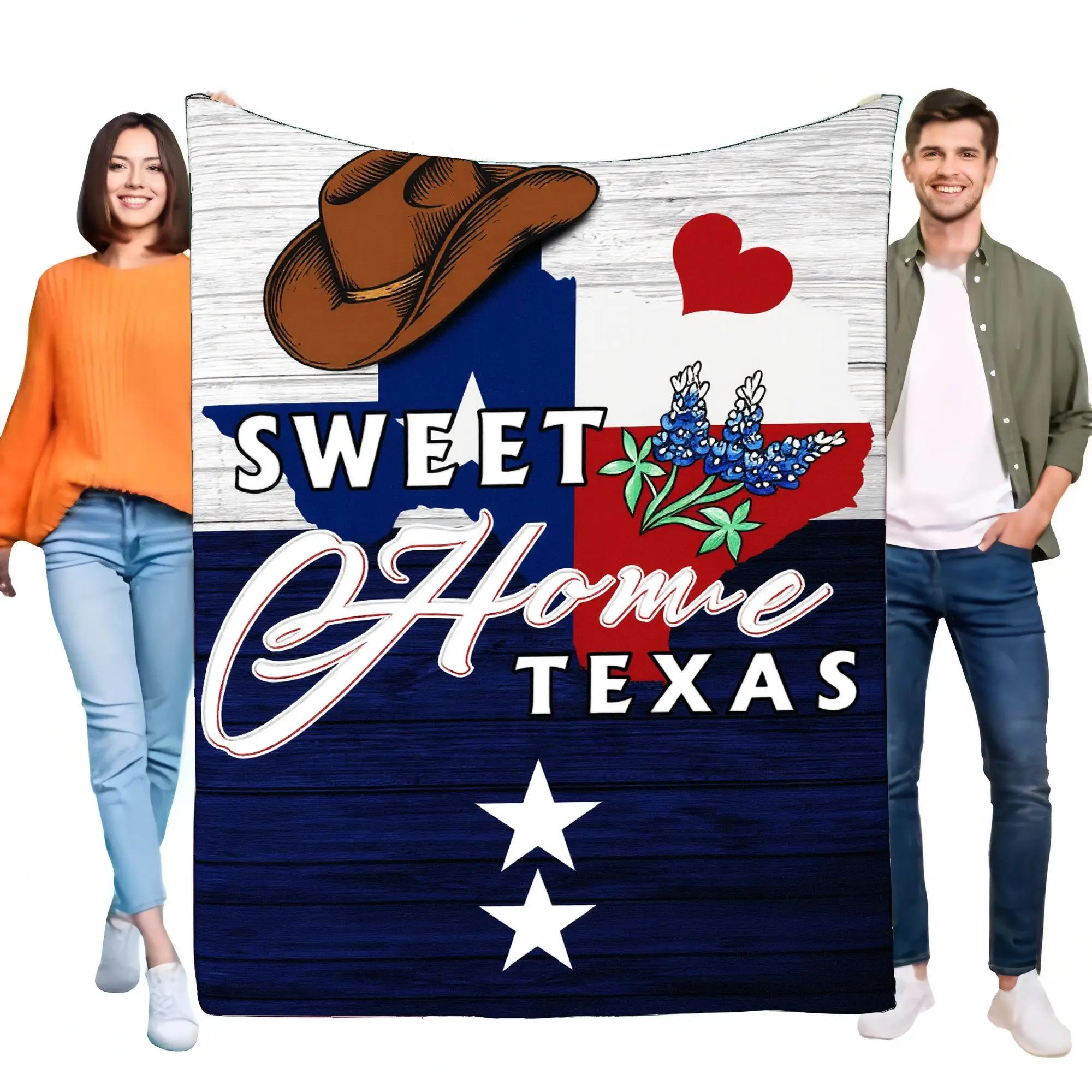 Sweet Home Texas Blanket with Cowboy Hat, Bluebonnet Flowers & Texas State Flag Design, Perfect for Cozy Nights & Outdoor Picnic