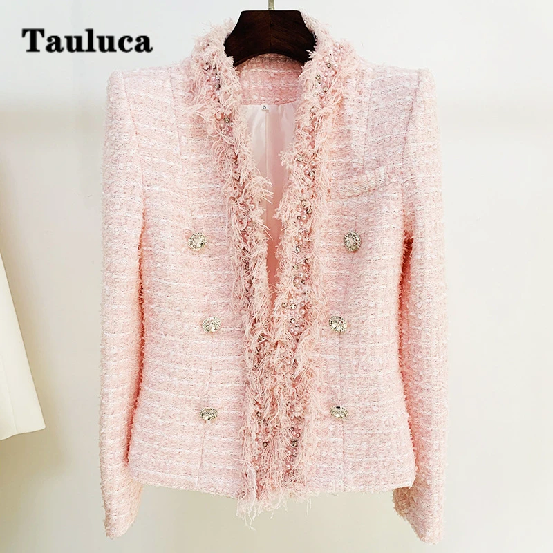 

New Autumn Winter Women Tweed Crystal Buckle Lace Jackets Long Sleeves Nail Bead Rhinestone Female Coats Work Office Outwear