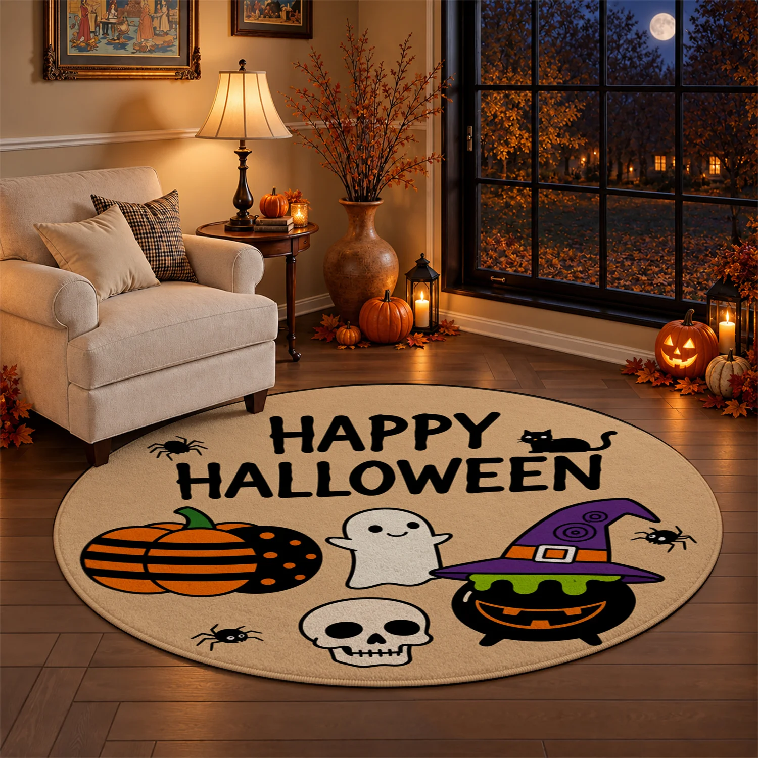 Halloween Ghost Pumpkin Witch Spider Skull Pattern Round Velvet Rug, Machine Washable, Stays Firm, Suitable for Living Room, Bedroom, Entryway, Great for Halloween, Thanksgiving, Christmas, New Year, Black Friday Decor