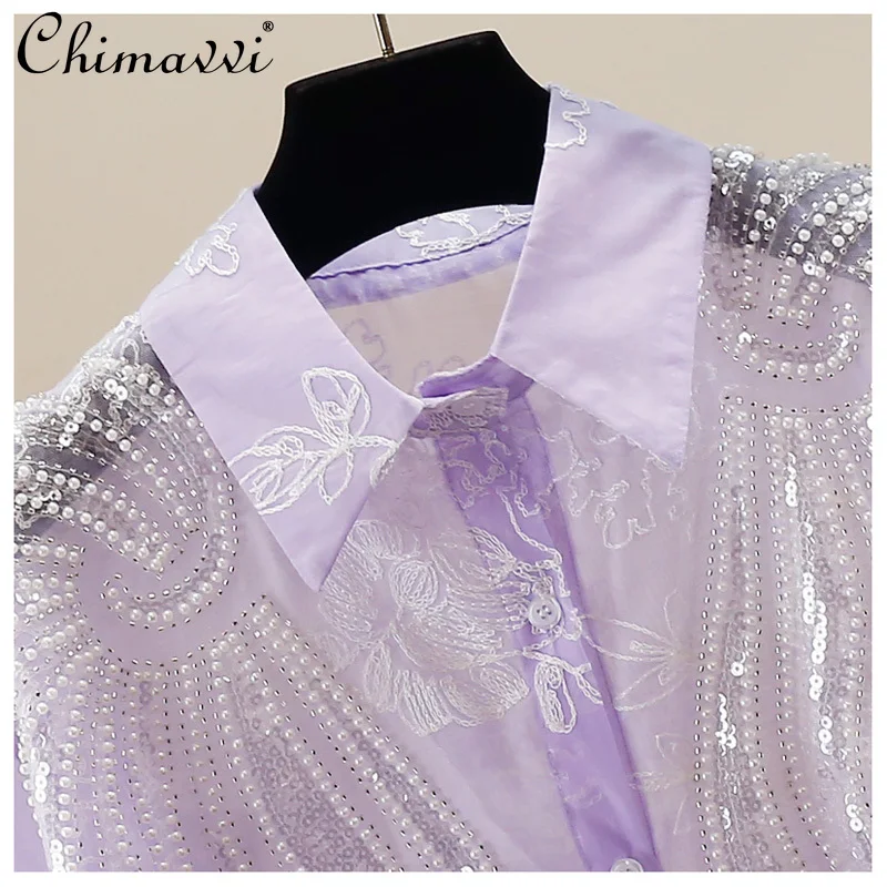 Fashion Heavy Beaded Embroidery Decorative Lapel Long Sleeve Shirt 2025 Autumn New Sweet Girl Loose Temperament Versatile Top