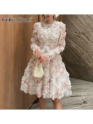 TWOTWINSTYLE Hit Color Printing Elegant Dresses For Women Round Neck Long Sleeve High Waist Slimming A Line Dress Female Style