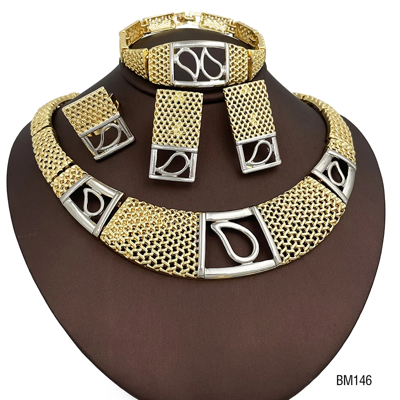 Ensemble de bijoux 2 tons pour femmes, collier de Dubaï, boucles d'oreilles et bague, article de fête de mariage africain avec 03/Wear, accessoires pour femmes