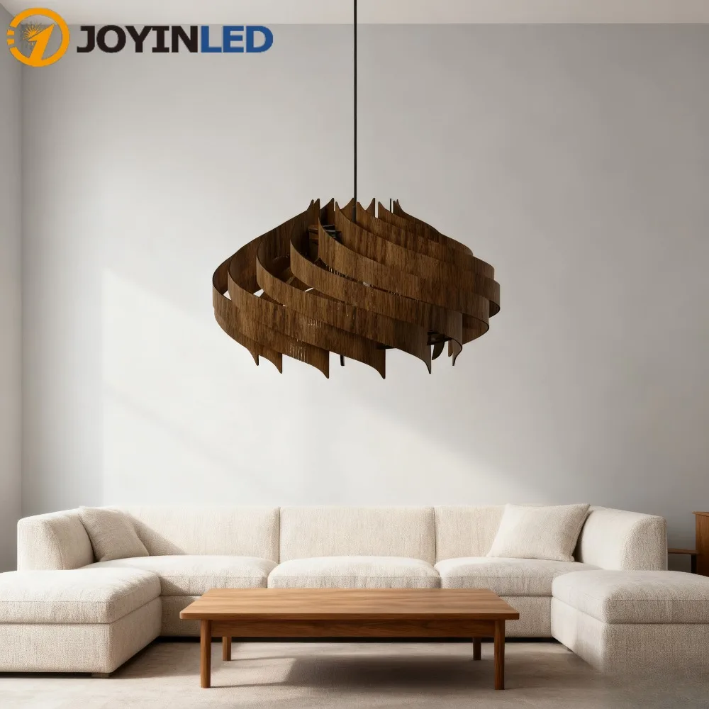 

JOYINLED Nordic Spiral Wooden Pendant Light Wabi Sabi Handcrafted Chandelier in Walnut Finish for Dining Room Study Bedroom Lamp