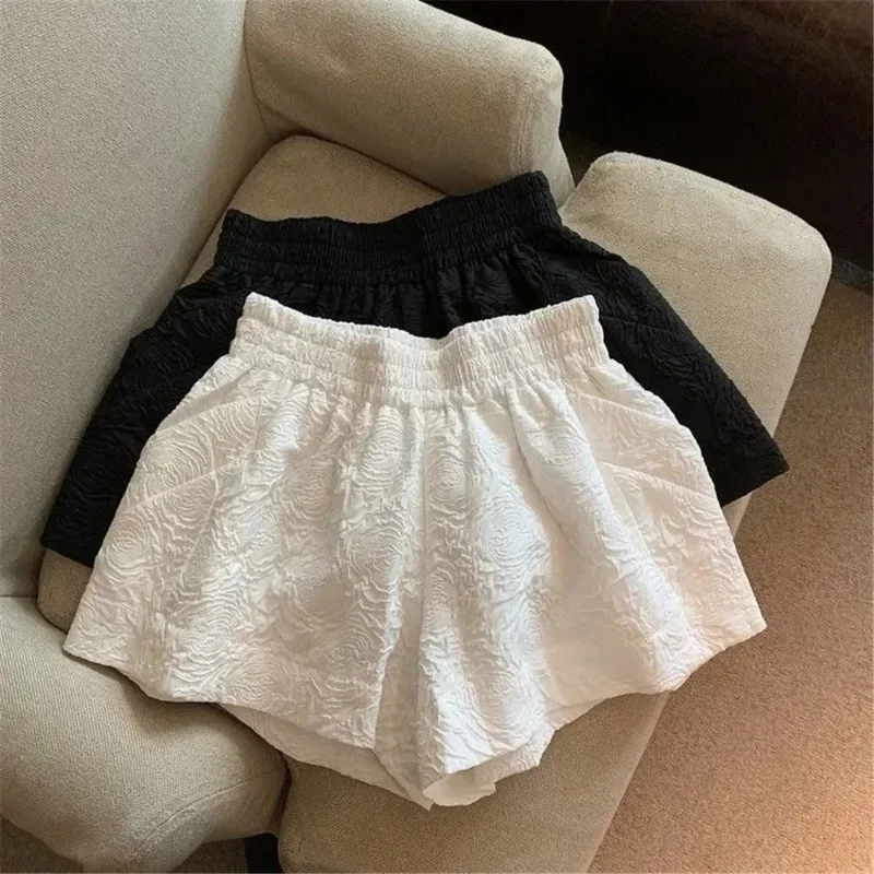 Y2k Casual Wide Leg Shorts Women Vintage Black White Jacquard Shorts Korean Chic Elastic High Waist Streetwear A-line Short Pant