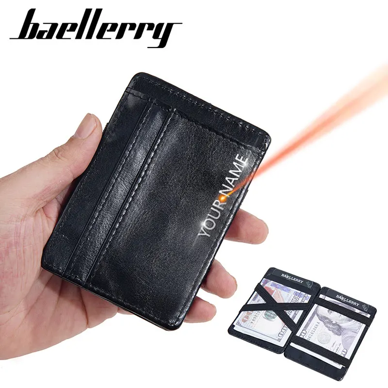 Baellerry New Men Short Wallets Name Engraving Small Card Bag Magic Male Purses PU Leather Mini Card Cover Brand Wallet For Boys