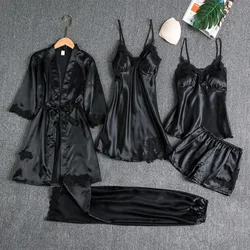 5Pcs Women's Sexy Pajamas Pants Set Summer Autumn Lace Satin With Silk Sleepwear Robe Fashion Comfortable Underwear Nightwear