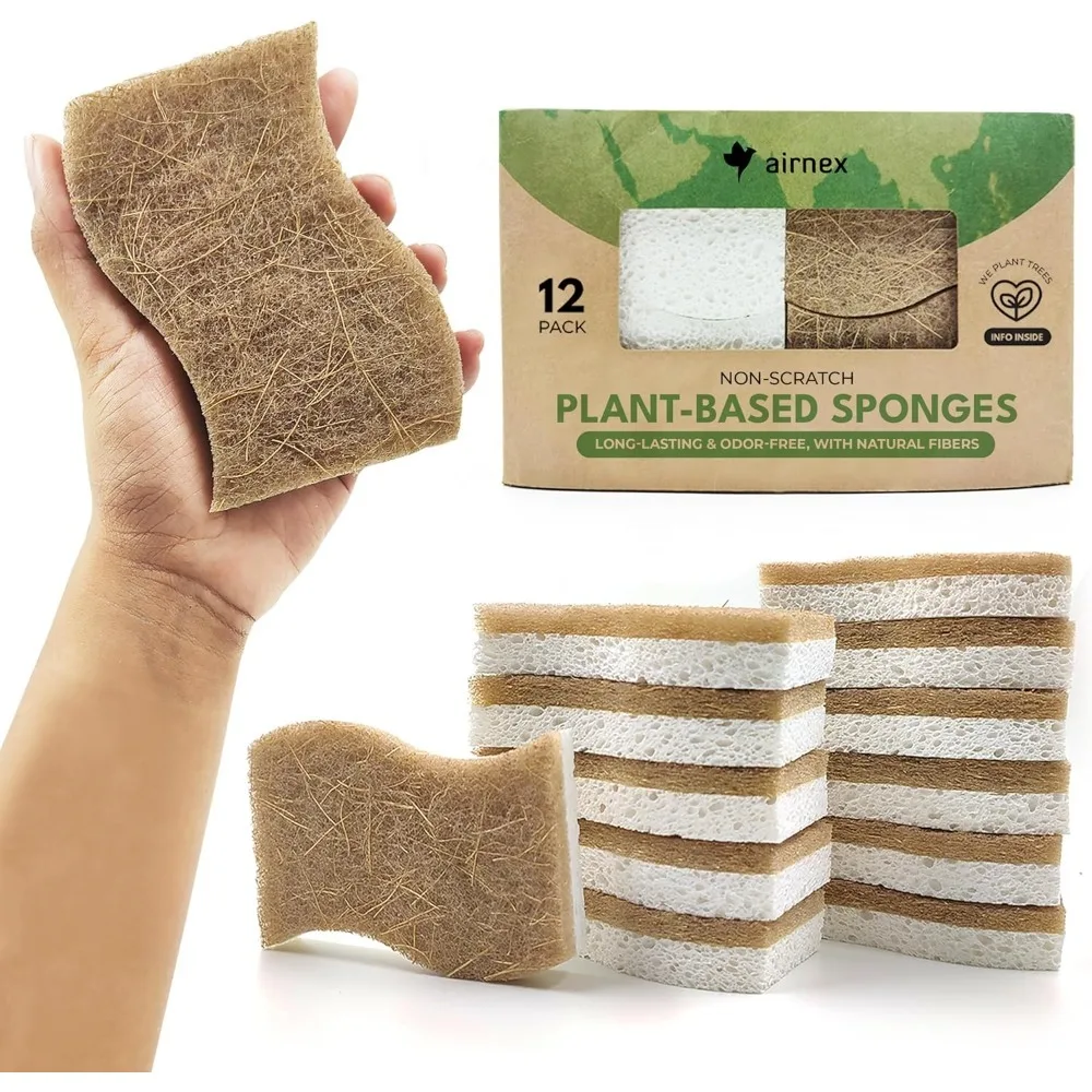 

Biodegradable Natural Kitchen Sponge - Compostable Cellulose and Coconut Walnut Scrubber Sponge (12 Pack)