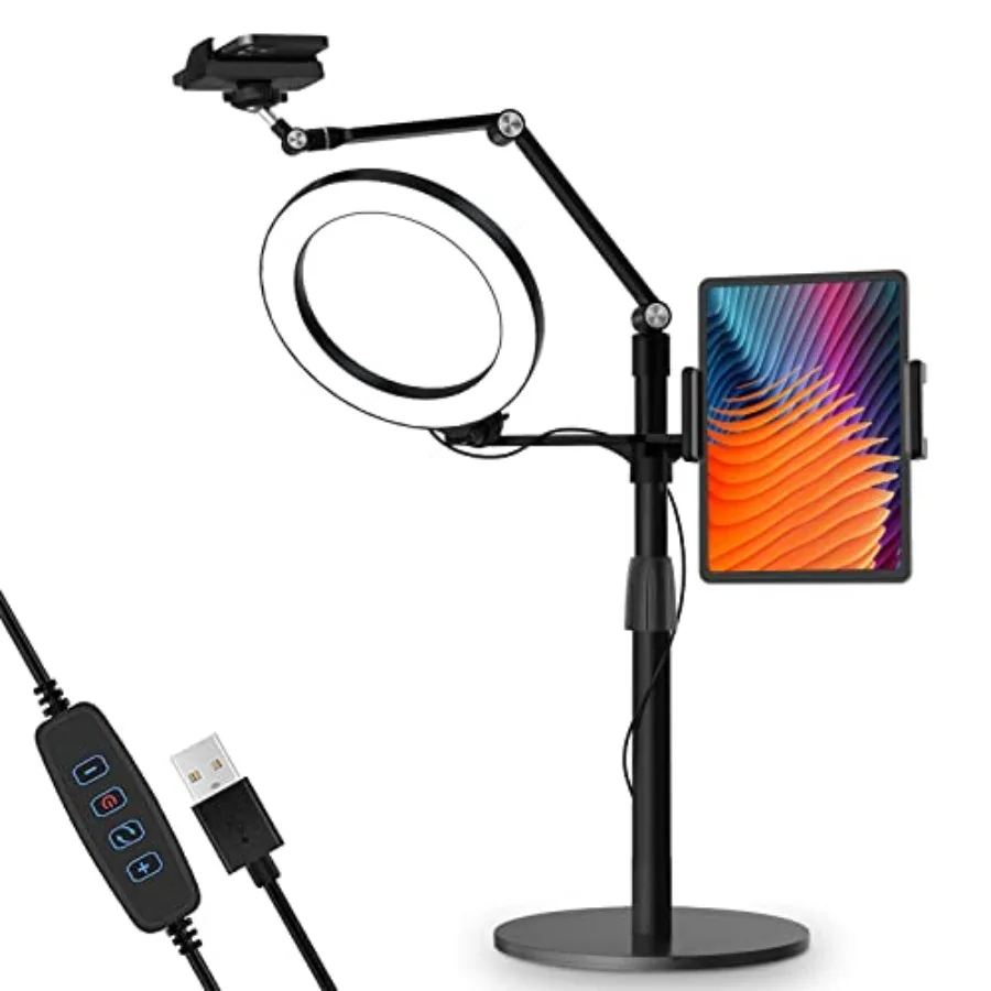 

3-in-1 Adjustable Selfie Stand with 8 LED Ring Light for Tablet Phone Black Ideal for YouTube TikTok Streaming Recording Online