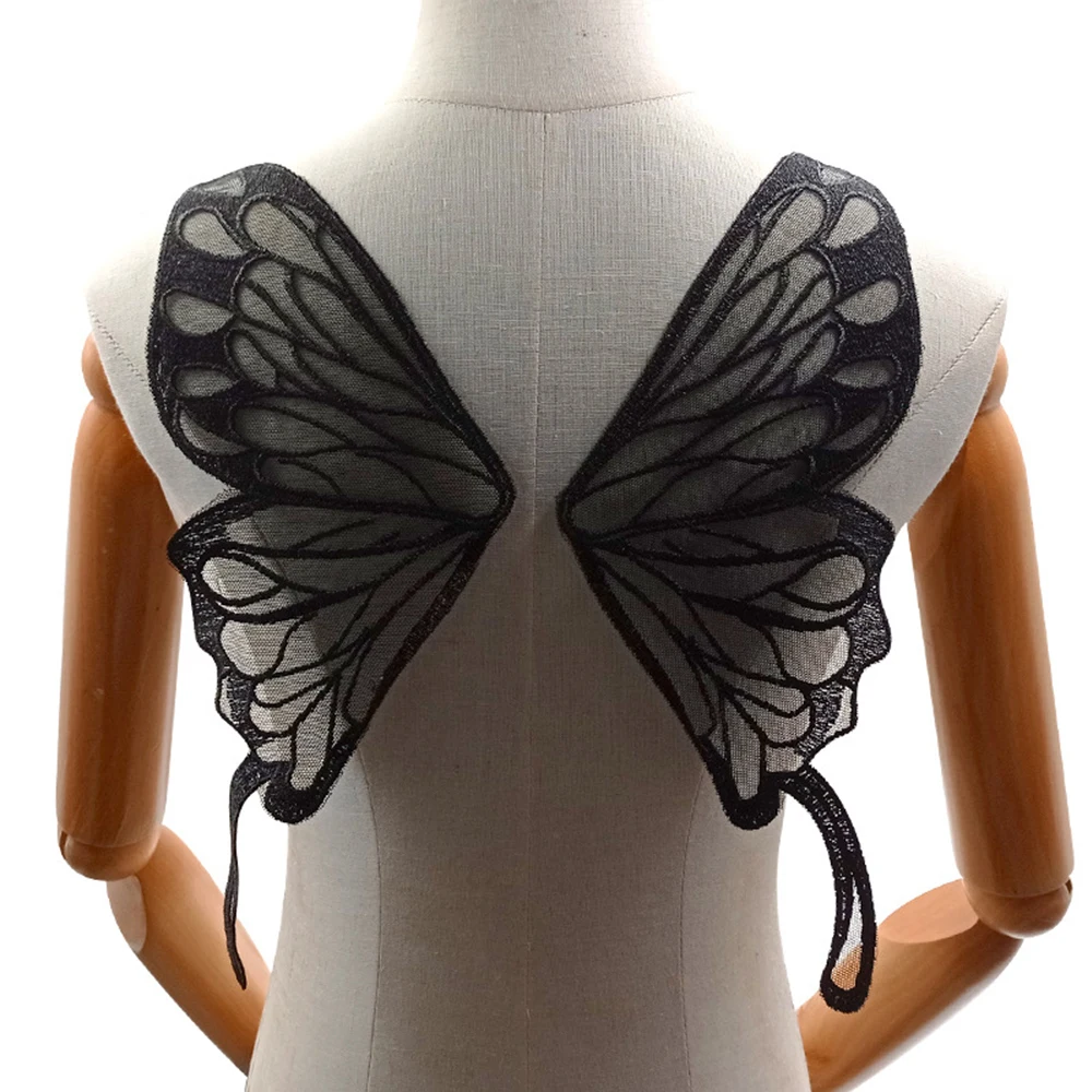 1 Pair Butterfly Wing Back Collar Lace Mesh Bottom Embroidered Corsage Polyester Embroidery DIY Lace Applique 37X13cm