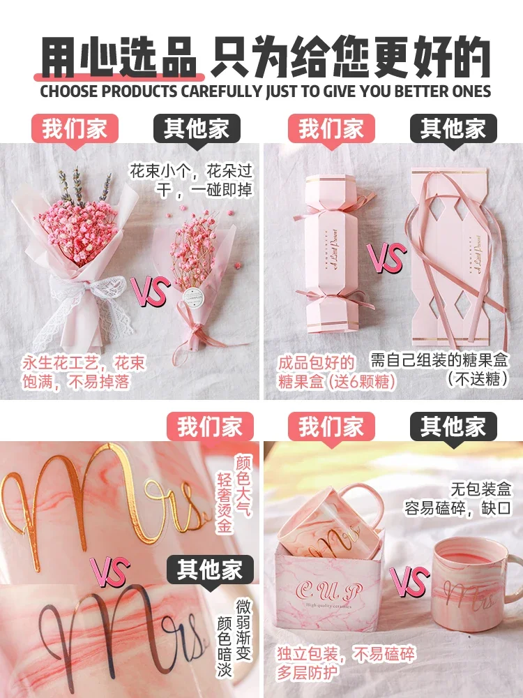 Gift Box Pink Gray Paper Box with Real Mug Raffia Candy Towel Hair Band Pajamas Toy Hand Gift Wedding Creative Practical Wedding