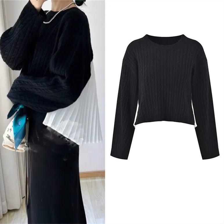 High-End Version Black Pleated Women's Knitted Sweater Autumn Winter Twist Knitwear Short Style Long Sleeve round Neck Top