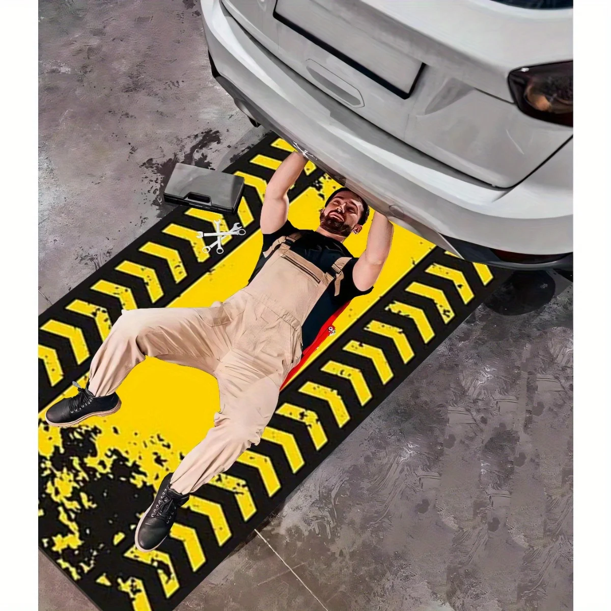 Distressed Yellow Black Warning Motorcycle Mat, Anti-Slip Garage Floor Mat for Motorbike Parking, Absorbent, Safety, Home Decor