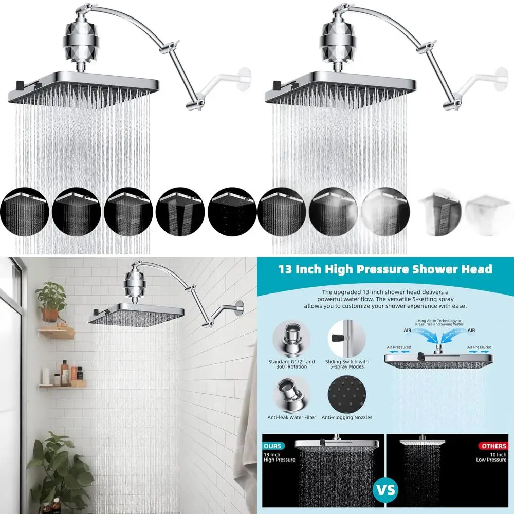 

13 High-Pressure Rain Shower with 16 Extension Arm and 20-Stage Filter, Chrome Finish
