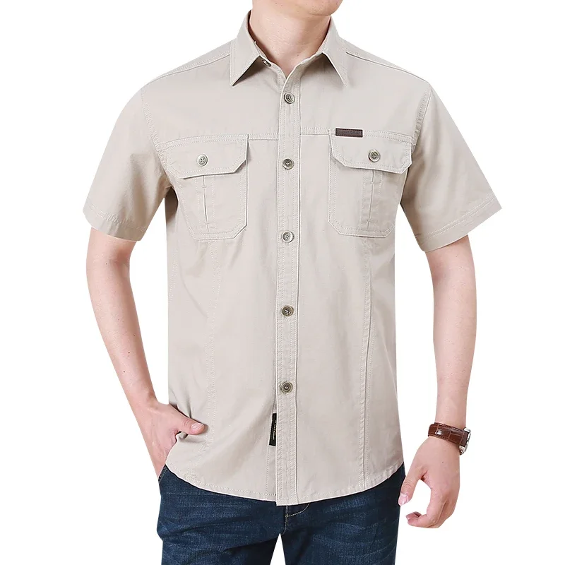 2023 Men Cargo Shirt Casual 100% Cotton Solid Short Sleeve Multi Pocket Work Blouses Loose Plus Size 5XL Business Men Clothing