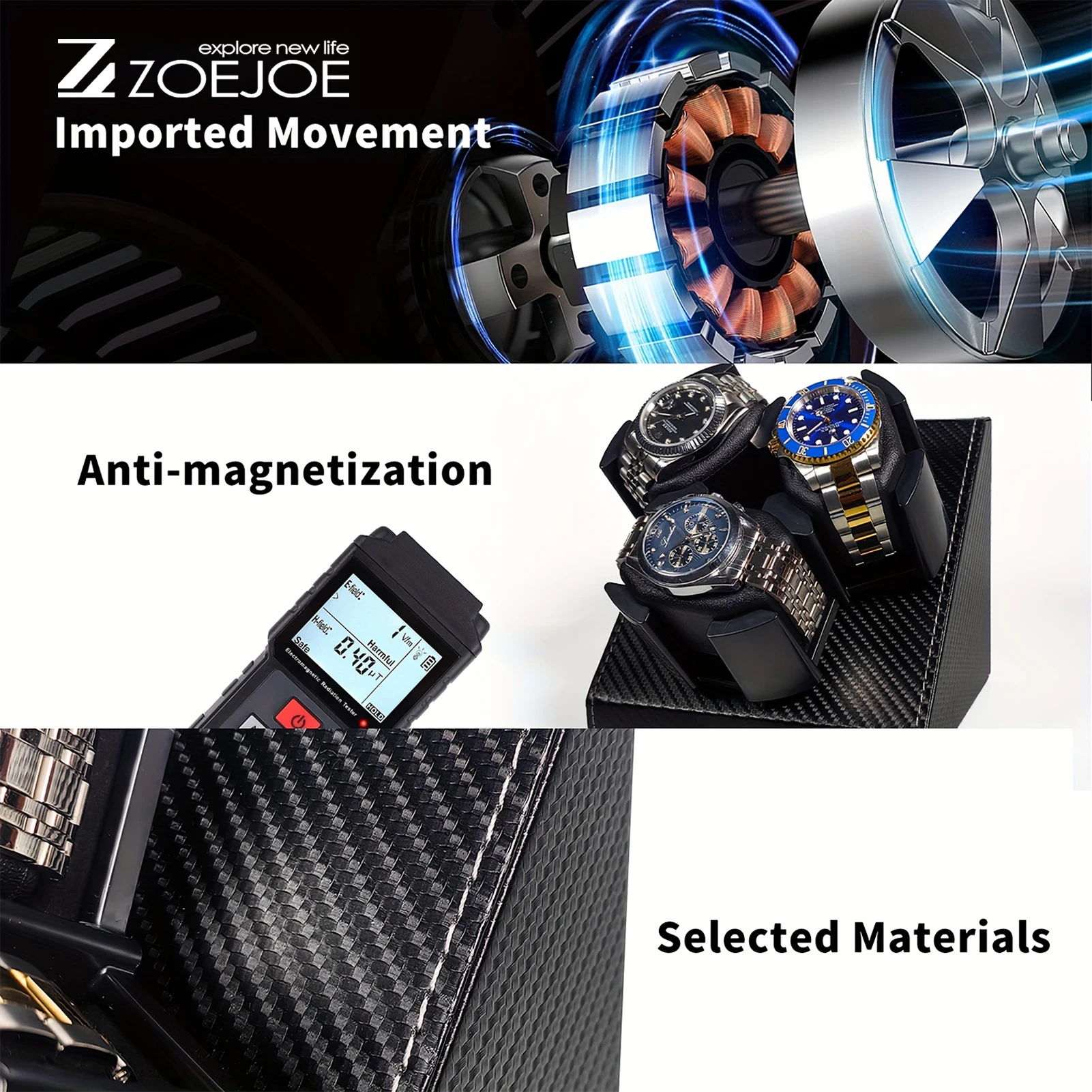 ZOEJOE 3 Slots Automatic Watch Winders Pu Leather USB Cable Low Noise Watch Winder With Adjustable Watch Pillow Holiday Gifts image 5
