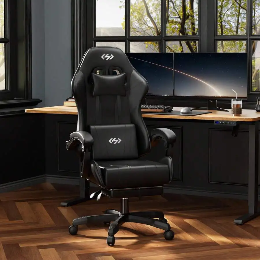 Gaming Chair, Ergonomic Computer Office Chair With Lumbar Support Footrest Headrest, Adjustable Height & Backrest Angle Video Gamer Chair, PU Leather, 360° Swivel, Adult,Black
