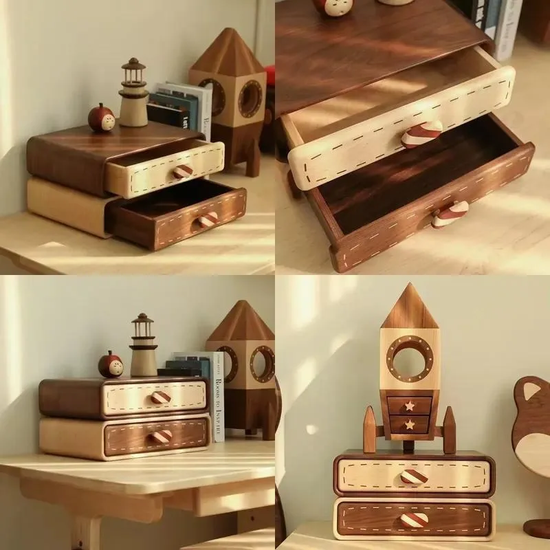 Modern Walnut Double Layer Solid Wood Jewelry Storage Box Desktop Living Room Drawer Organizer for Rings and Accessories
