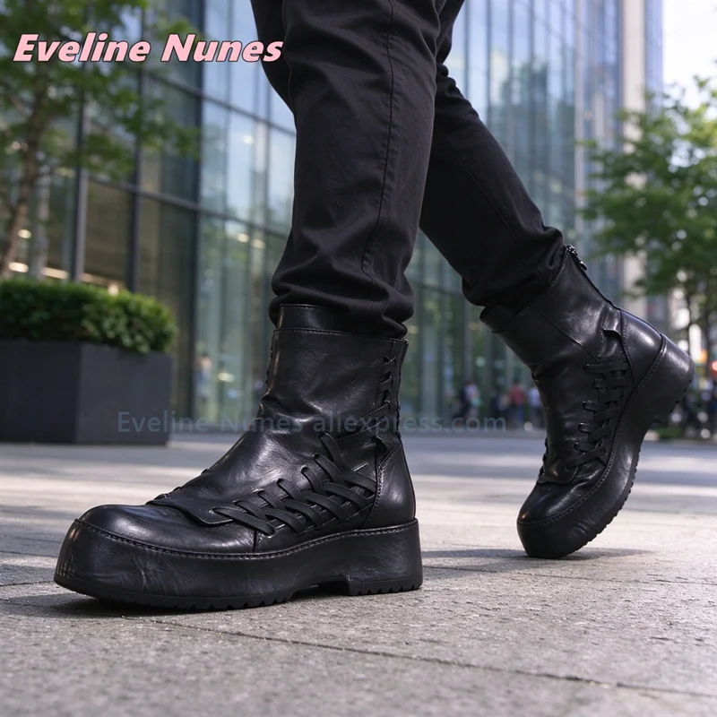 Women Black Vintage Platform Ankle Boots Round Toe Side Lace Up Thick Sole Avant Garde Dark Designer Street Style Short Boots