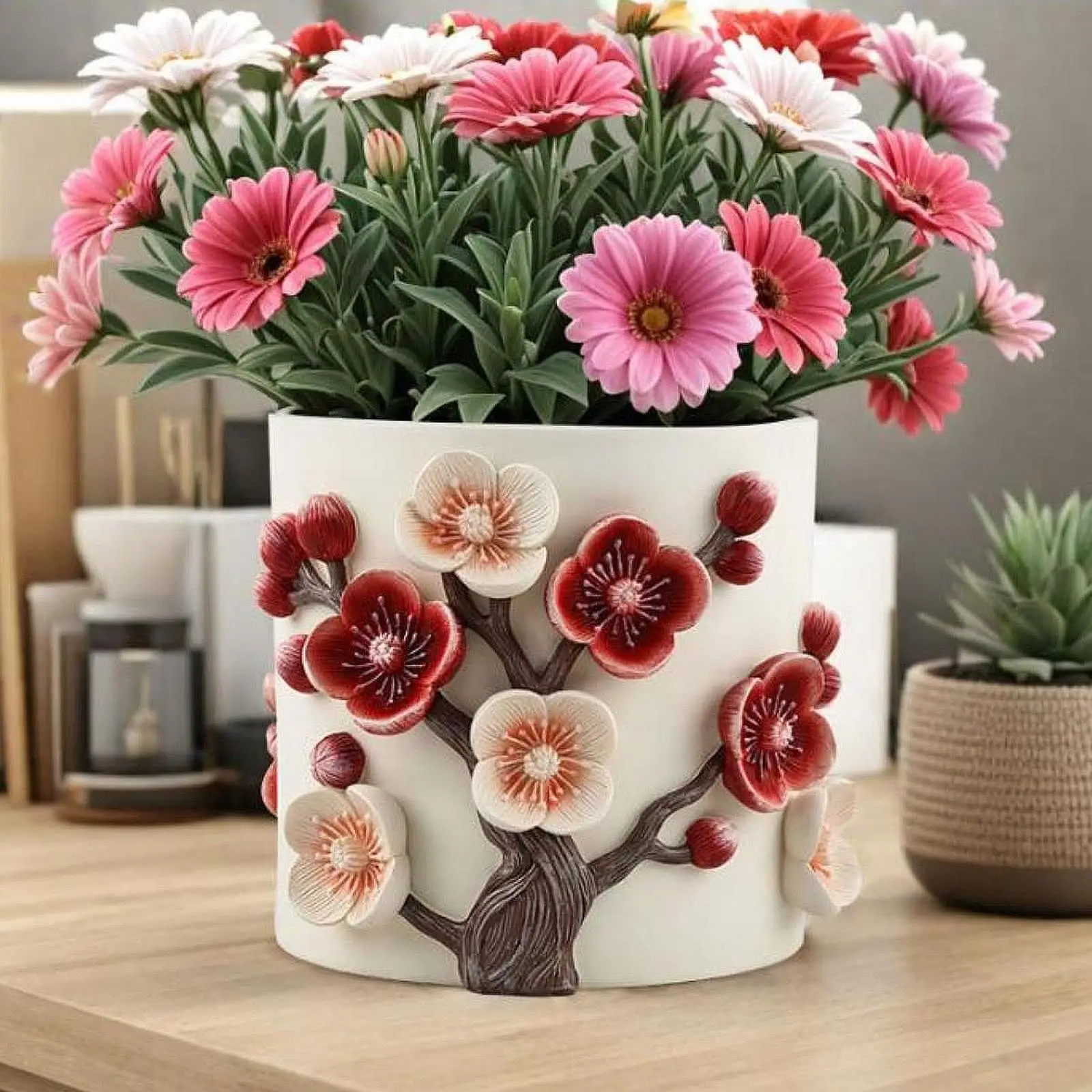 Flowerpot Plant Pot with Plum Blossom Relief Resin for Bookshelf Cabinet