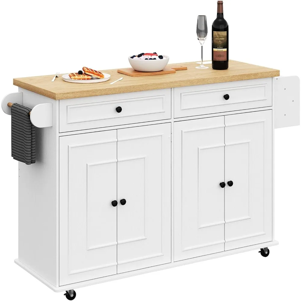 

Mobile kitchen island with spice rack, towel rack,drawers, knife holder, power outlet,and internal shelf, rolling kitchen island