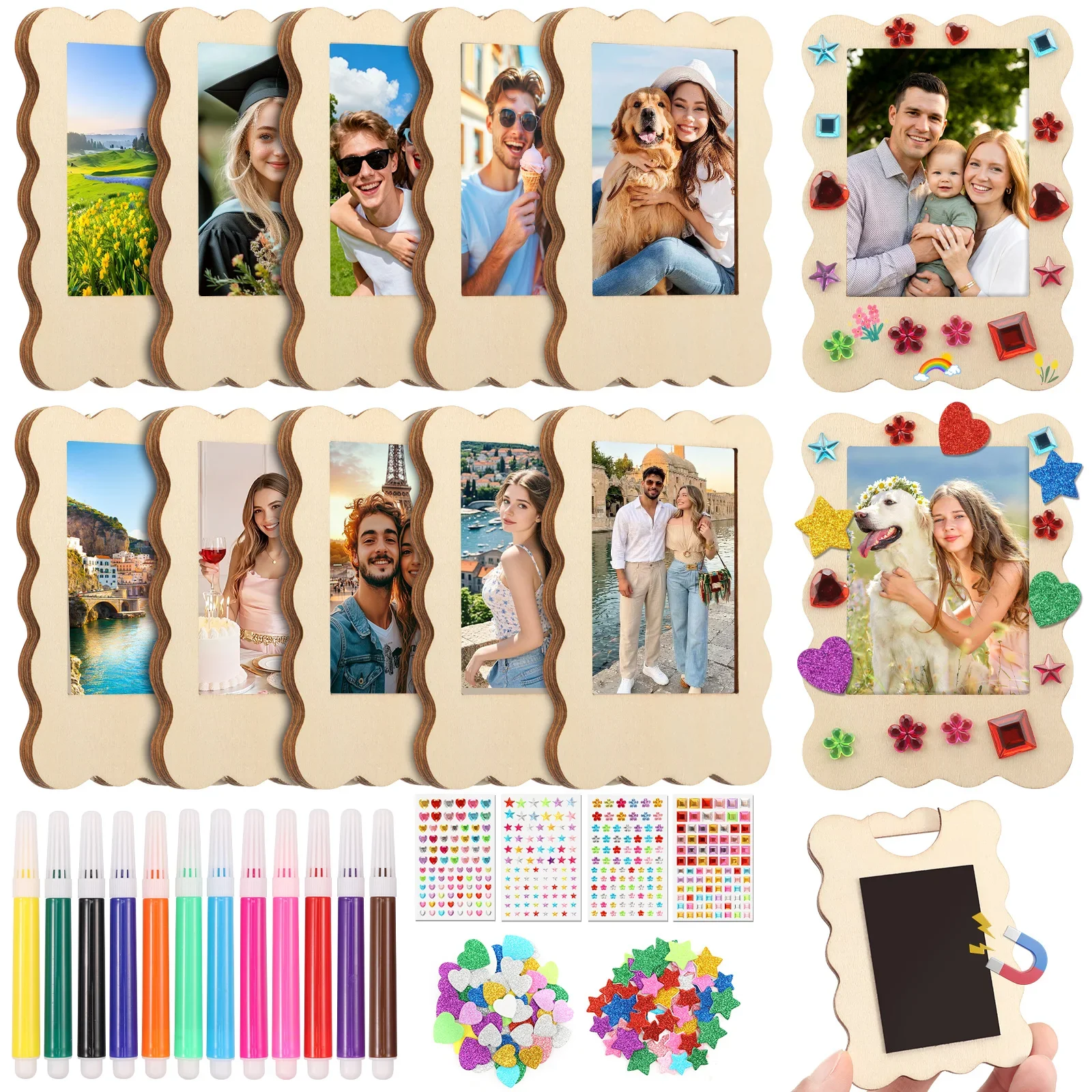 12Pcs DIY Unfinished Wood Photo Frames Kit Mini Blank Magnetic Photo Frame Set with Marker Rhinestone Sticker and Glitter Sequin