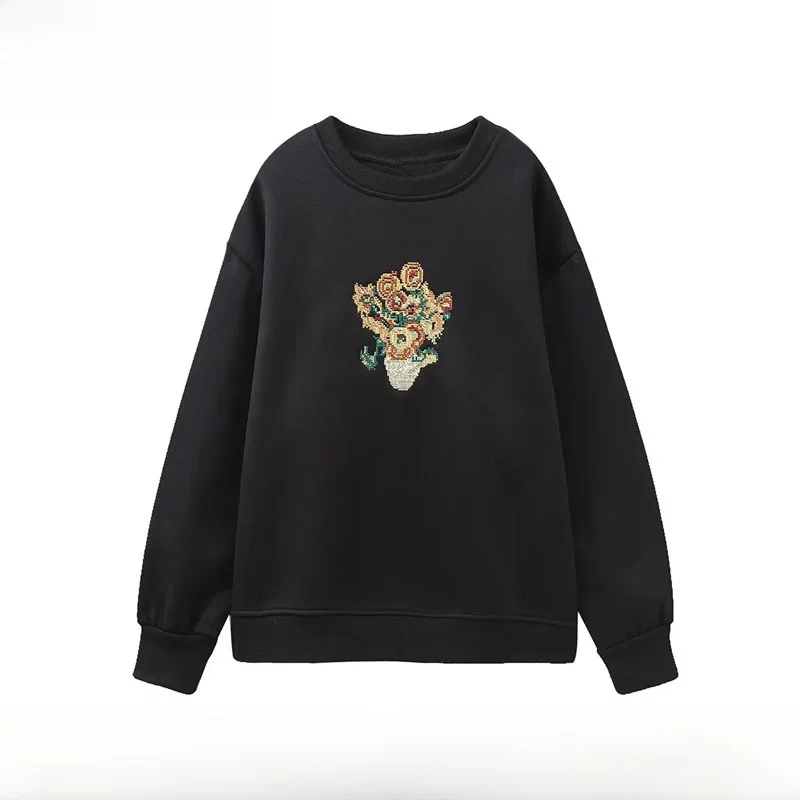 Faionable Suower-Sudadera bordada para mujer, camiseta larga holgada de poliéster, redonda, Otoño Invierno, recién llegada