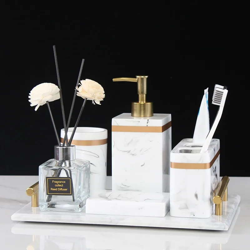 Nordic toiletries, gold bars, bathroom, six-piece set, tooth brushing cup storage, bathroom, high-grade resin, hand-polished
