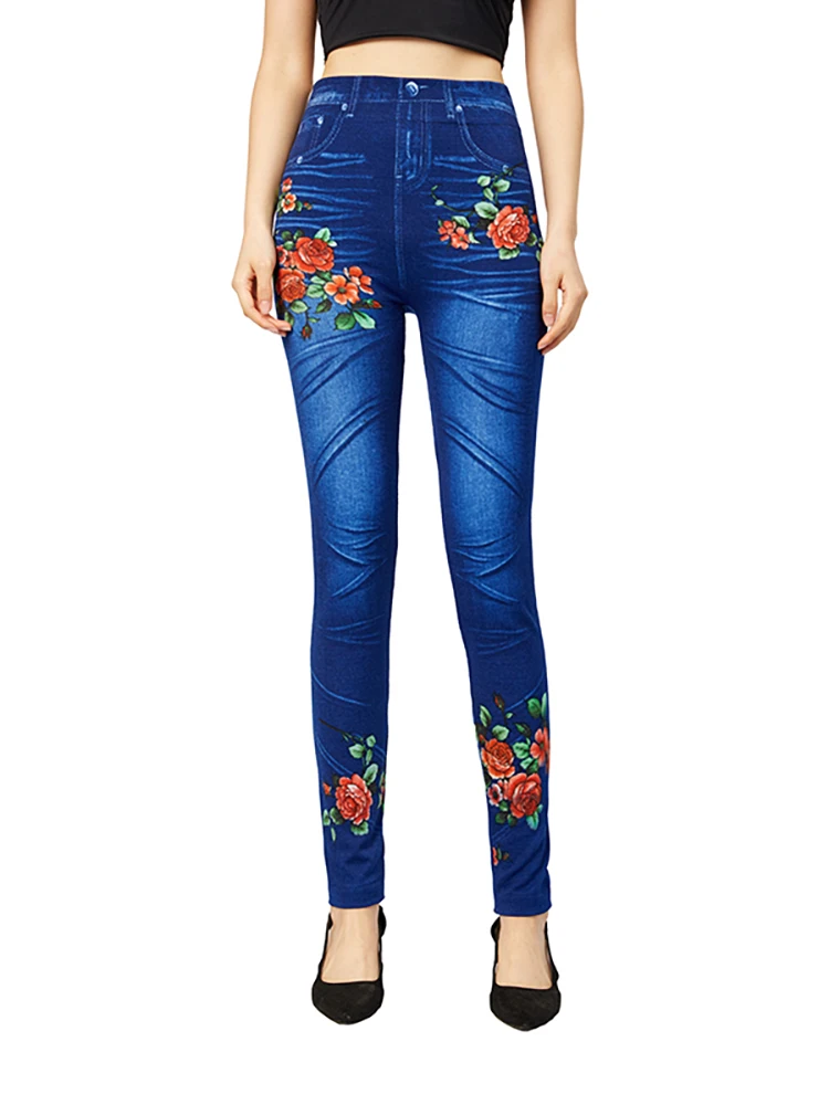 

LJCUIYAO Blue Women False Denim Leggings Slim Fit Faux Jeans Pencil Pants Plus Size Elastic Red Green Floral Print Jeggings