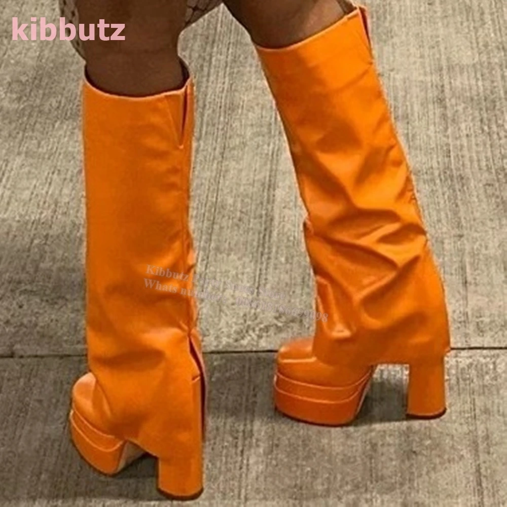 Knee High Boots Fold Over Platform Chunky Heel Square Toe Solid Color Orange Slip-On Genuine Leather Fashion Concise Sexy Shoes