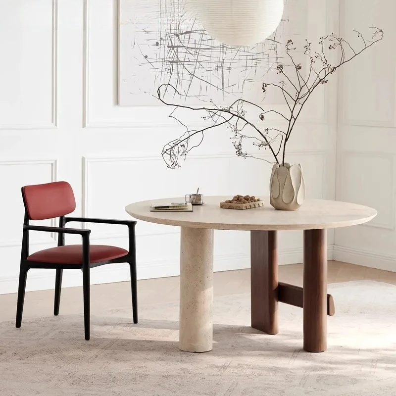 Natural marble dining table round household modern simple white cave stone round dining table