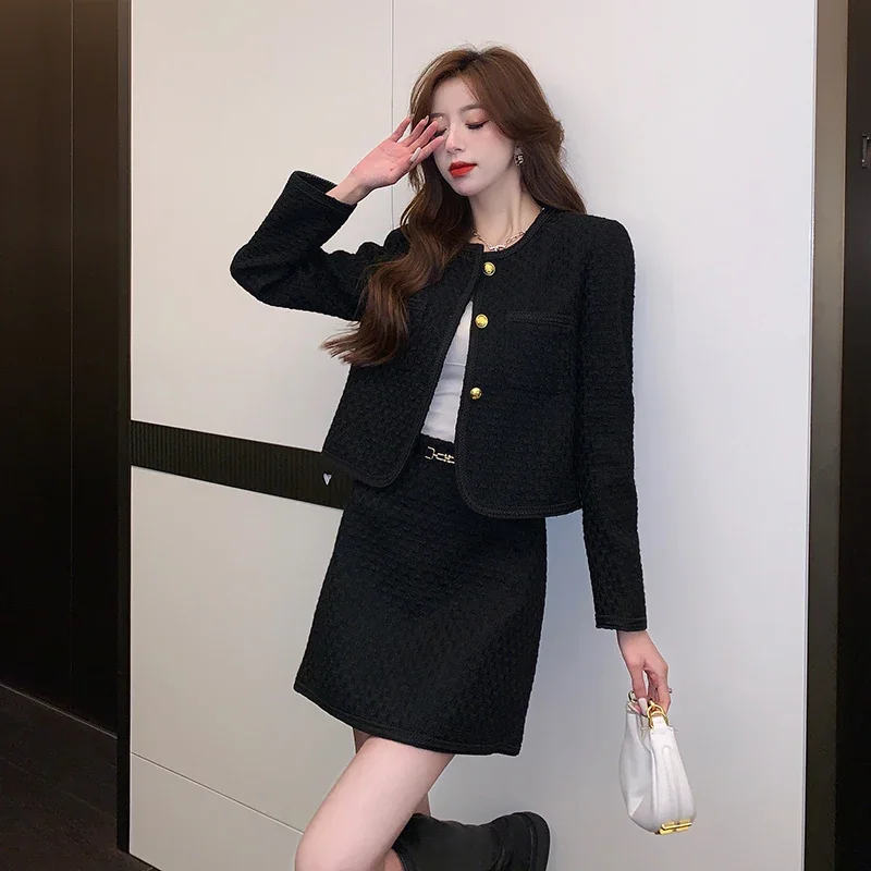 Real Shot Classic Style Autumn/Winter Set Youthful Short Jacket + Slim Black Dress Two-piece Set Female Office Lady Clothing New