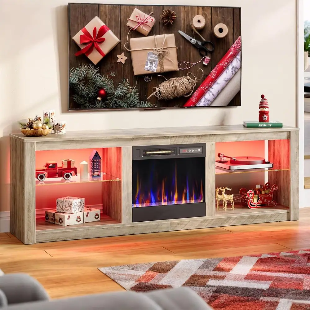 

Серая 70-светодиодная подставка для телевизора с 18 электрическими каминами, современный развлекательный центр для гостиной