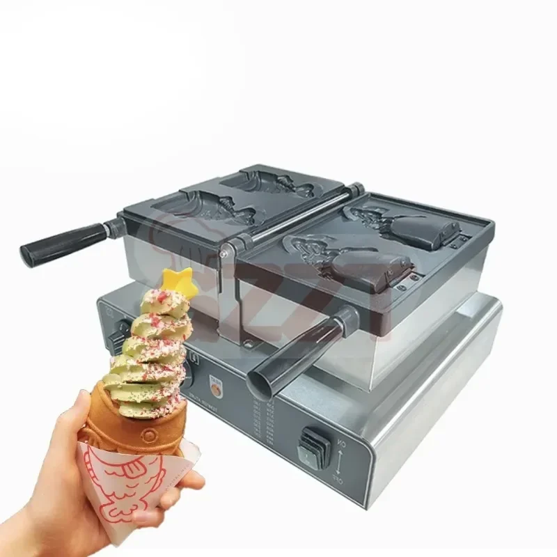 2 Pieces Popular Fish Shape Taiyaki Machine Electric Ice Cream Waffle Cone Taiyaki Making Machine Fish Waffle Cone Machine