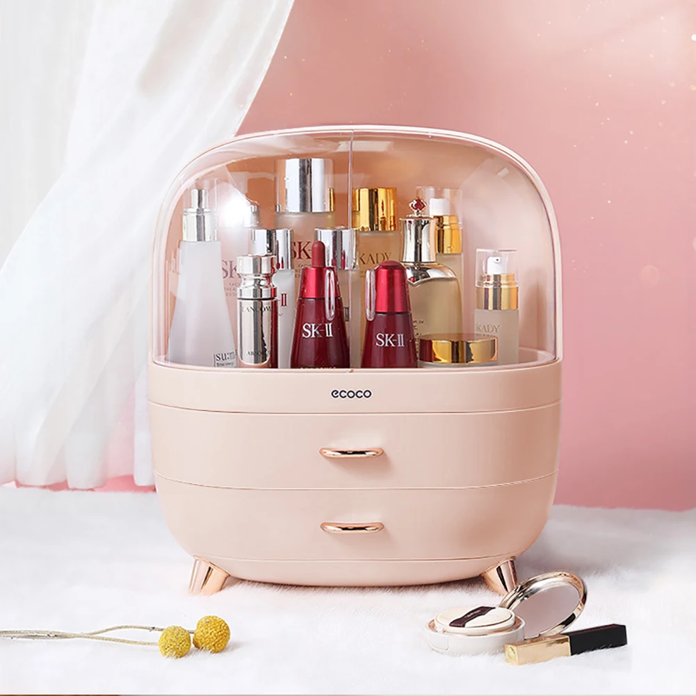 Pink Stylish Transparent Makeup Organizer with 2 Drawers