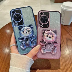 For Huawei Nova Y72 Case Soft Silicone Bling Electroplated TPU Cell Phone Casing For Huawei NovaY72 Back Cover Cute Bear Stand