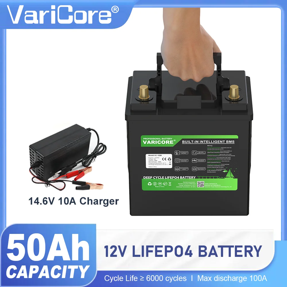 VariCore 12.8 فولت 50AH LiFePO4 بطارية حزمة 12 فولت 4s للمعسكر عربة جولف على الطرق الوعرة الشمسية بجولة سيارة الشمسية RV مع شاحن 14.6 فولت 10A