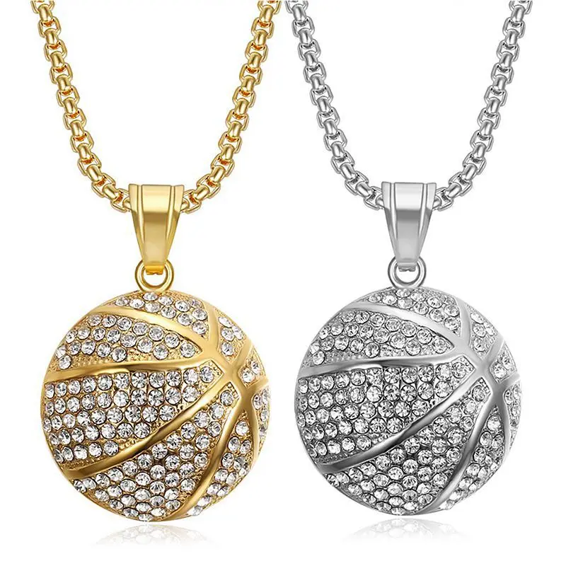 Hip Hop Bling Iced Out Stainless Steel Basketball Pendants Necklace for Men Rapper Jewelry Gold Silver Color