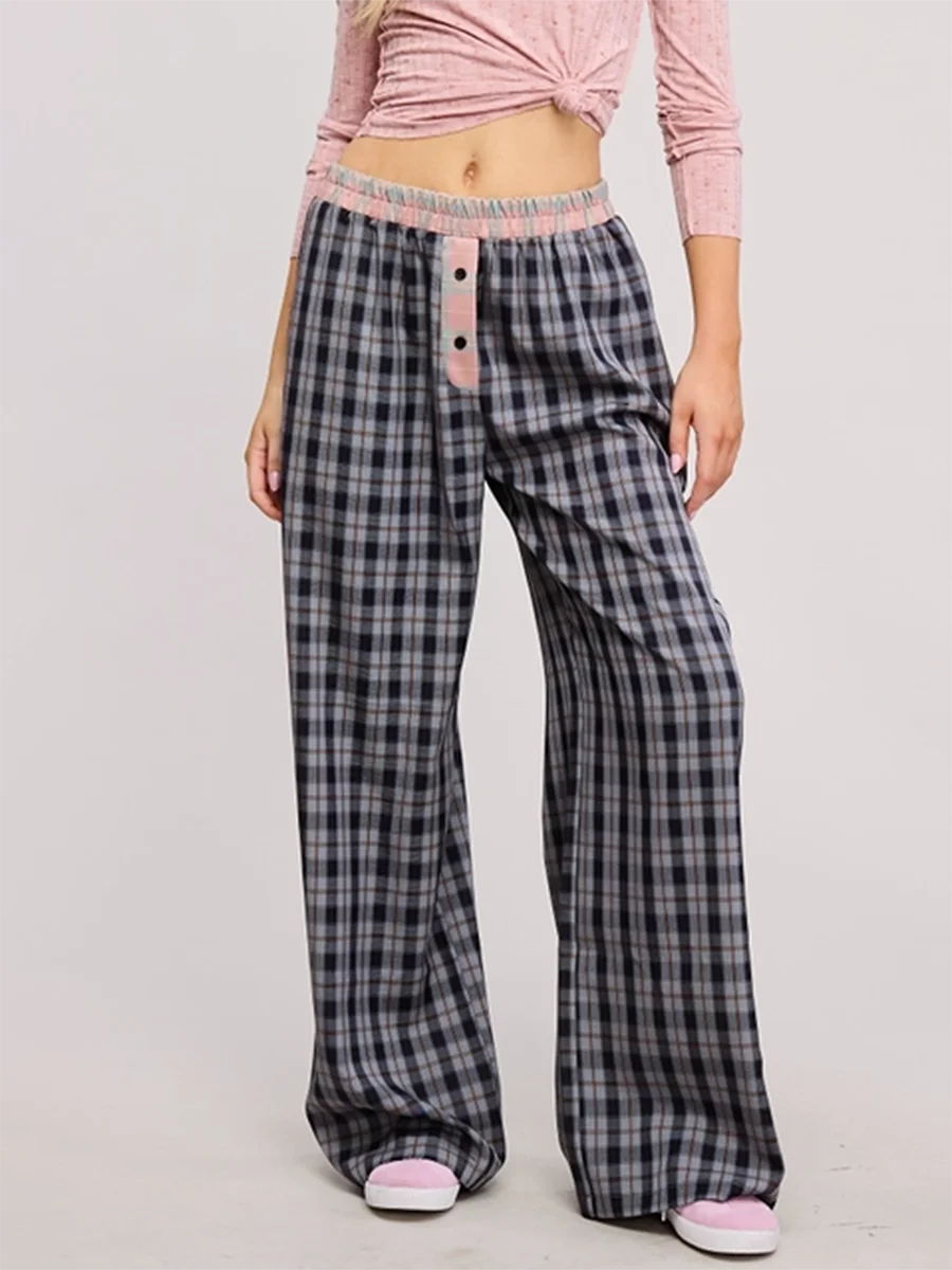 Women's Lounge Pants Casual Plaid Buttons Elastic Waist Loose Comfy Long Pants Pajama Sleep Bottoms Fall Leisure Trousers Daily